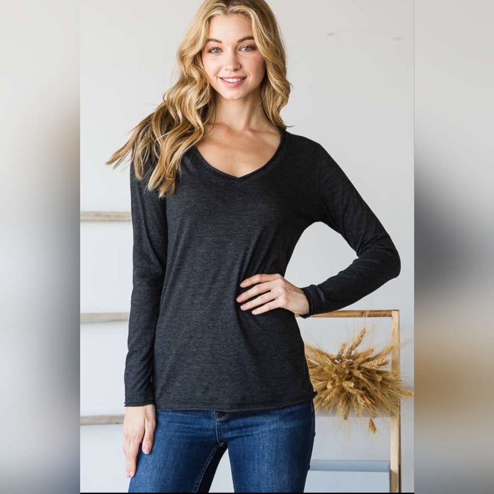 Raw edge long sleeve charcoal colored tee